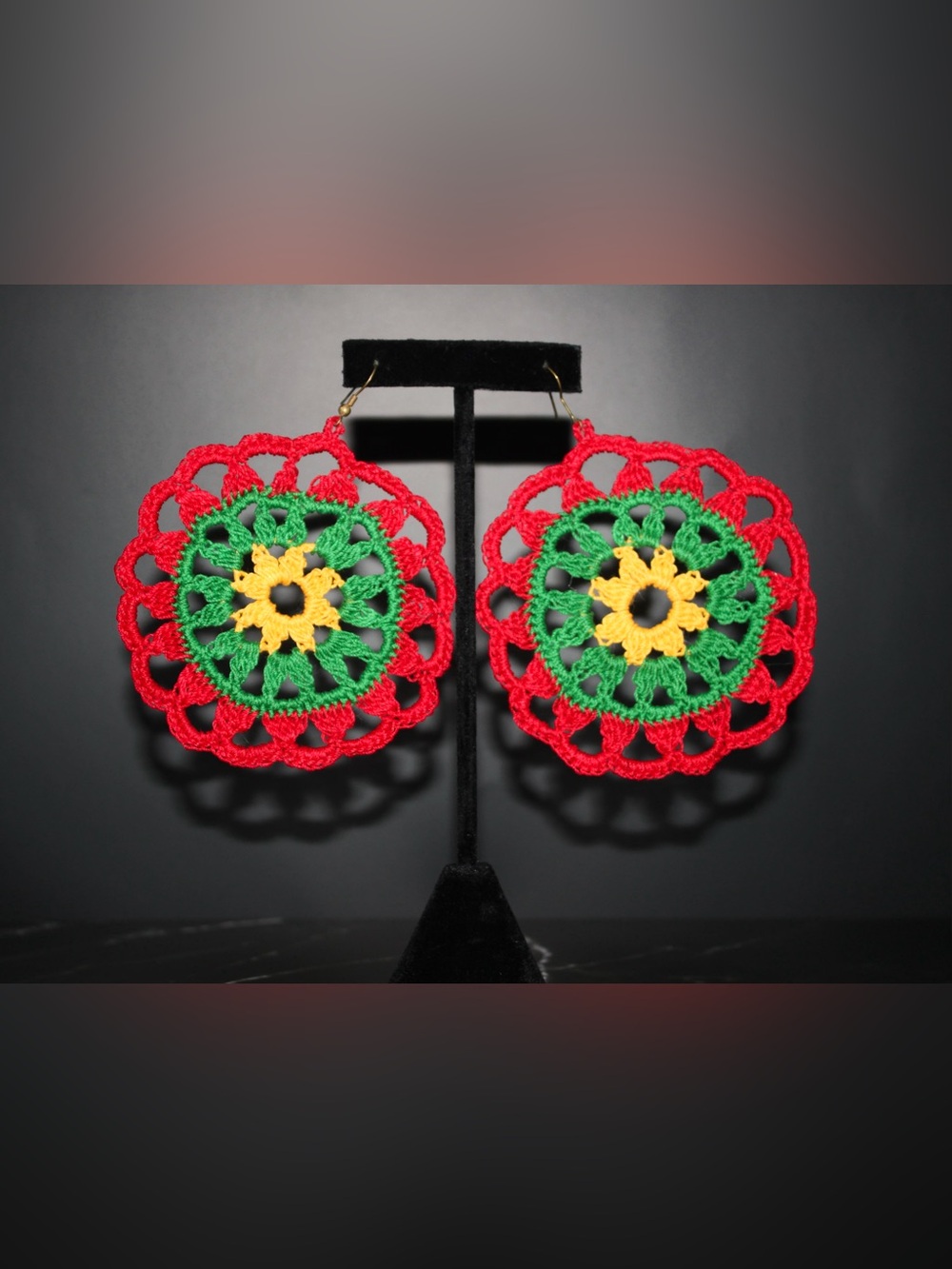 Handmade Red Green Yellow Crochet Earrings